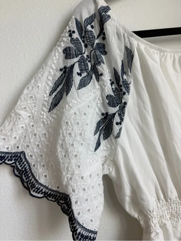 Anthropology Kindred White Embroidered Mini Dress with Navy Floral Accents - Image 3