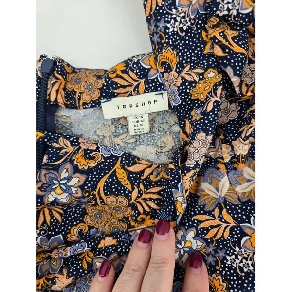 Topshop Blouse Womens 10 Blue Floral Boho Square Neck Puff Sleeve‎ Tie Front Zip - Image 4