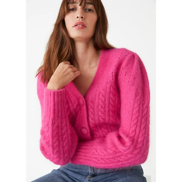 Paris Atelier &‎ Other Stories bright pink cable knit cardigan Wool Mohair small - Image 2