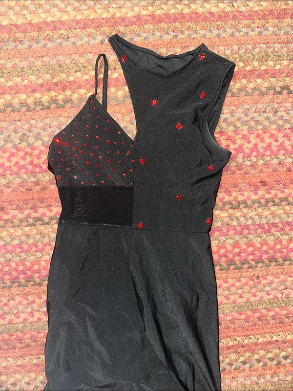 Asymmetrical Black Dress DANCE COSTUME Red RHINESTONE Embellishments - Image 3