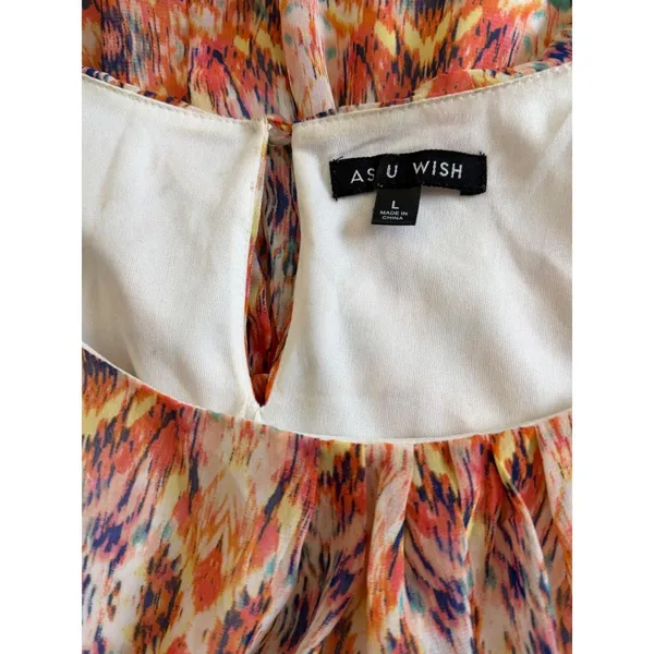 As You Wish Shift Dress Womens L Orange Abstract Print Chiffon Lined Cap Sleeve - Image 7