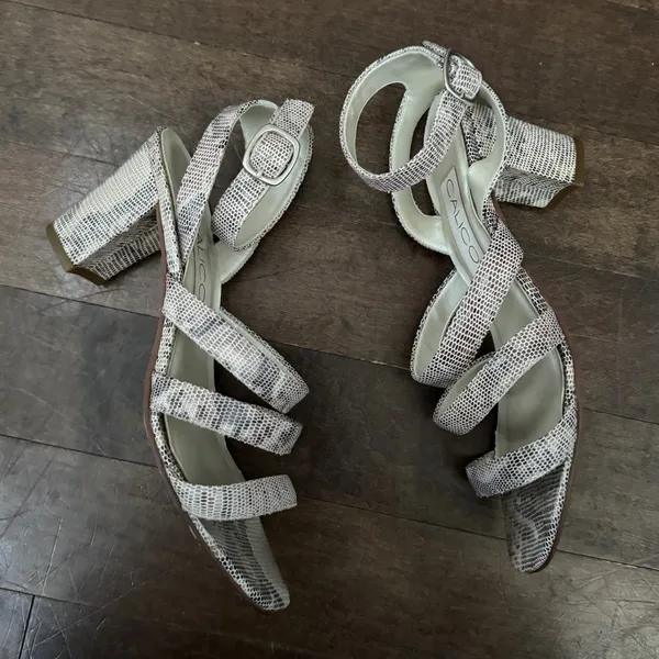 Vintage calico leather snakeskin pattern strappy block heel sandal shoe - Image 5