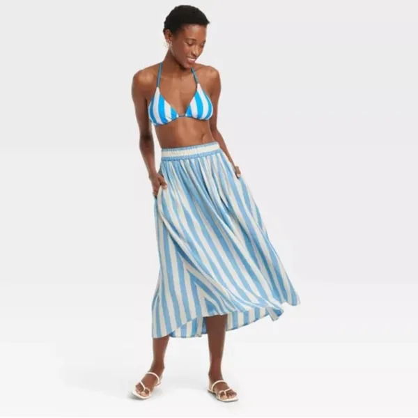 A New Day Women's Size Large Beach Bungalow Linen Midi Picnic Skirt Blue White - Image 3