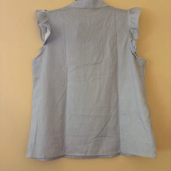 Blue White Striped Ruffle Sleeve Blouse V Neck Sleeveless Top Stretch Size L - Image 2