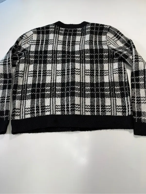 Talbots Black and White Plaid V-Neck Cardigan with Silver Buttons Size Large - Image 7