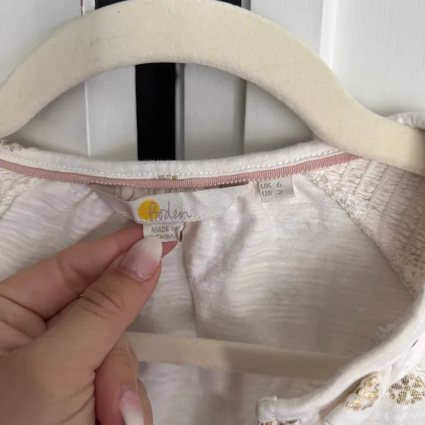 Boden White Gold Print Smocked Long Sleeve‎ V Neck Top - Image 4