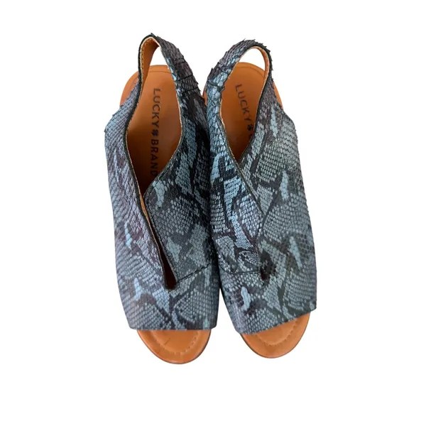 Lucky Brand Blue Gray Snakeskin Print Open Toe Mule Block Heel Booties - Image 8