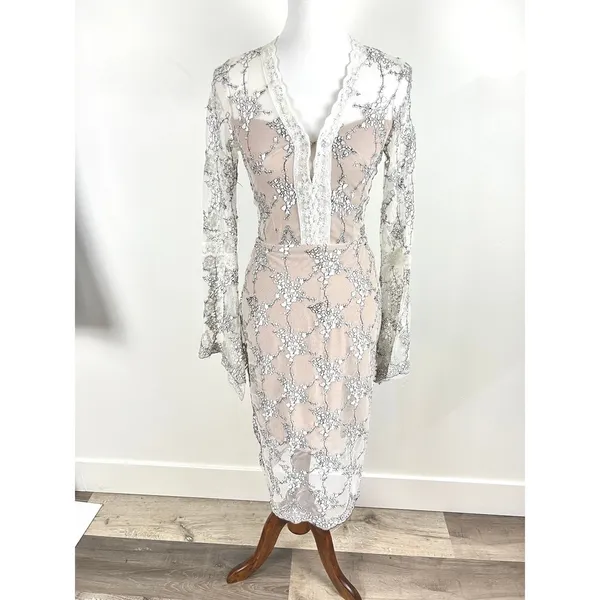 Bronx & Banco White Lace Floral Illusion Midi Dress Fits S Ethereal Elegance - Image 2