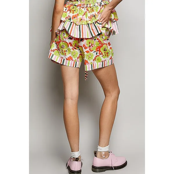 POL Drawstring Floral Shorts with Contrast Striped Trim - Lime Multi - Large - Image 3