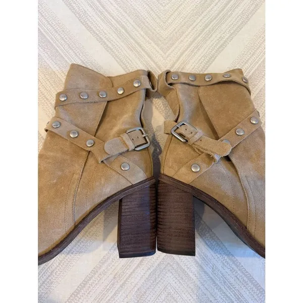 See by Chloé Tan Suede Ankle Booties Size 38 Studded Strap Heel Box Dust Bag - Image 4