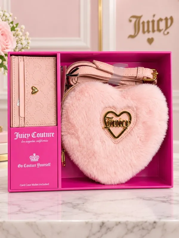 Juicy Couture Heart Faux Fur Crossbody Taffy Pink Card Case Box NWT - Image 3
