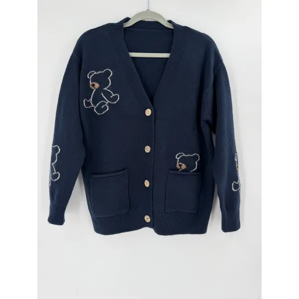 Cardigan Sweater Women Medium Navy Blue Teddy Bear‎ Embroidered Cozy - Image 2