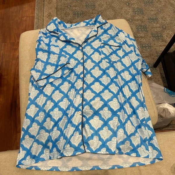 Blue and White Women’s Short Sleeve and Shorts Pajamas - Image 3