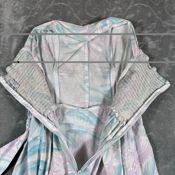 VTG 80s Pastel Strapless Mini Dress 13 Tropical Bird Print Summer Retro Side Tie - Image 10