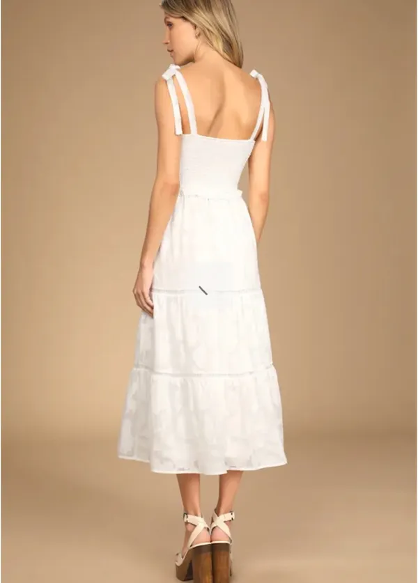 Lulu’s Float to Love White Jacquard Smocked Tie-Strap Midi Dress - Image 3