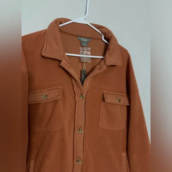 NWT Flannel Shacket Fleece Warm Soft Teddy Jacket Button Size L Orange Brown New - Image 8