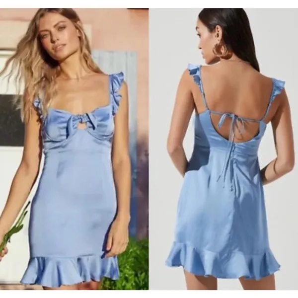 NWT ASTR The Label SKY BLUE Satin MARLA Flutter Sleeve BUST TIE Mini DRESS L - Image 2