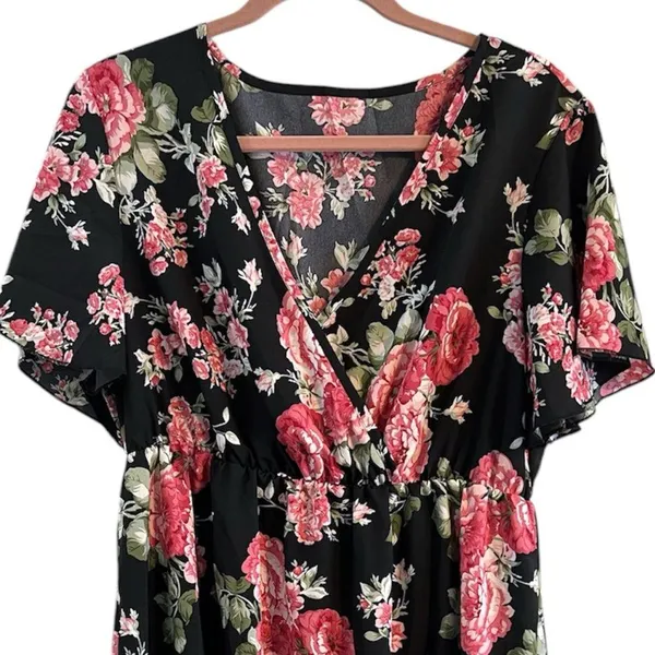 New Floral V-Neck Midi Dress Size 1X (14) Faux Wrap Neckline Flutter Sleeves - Image 6