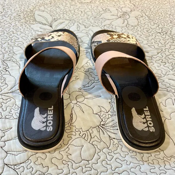 SOREL Ella II Slide Sandals Mauve Vapor Snake Print Leather Dual Strap Sz 11💛 - Image 7
