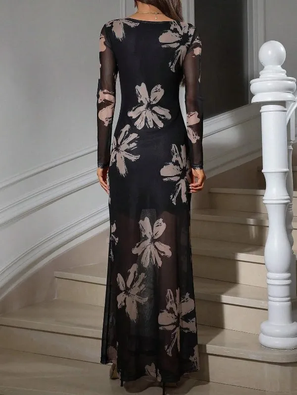 Black Mesh Floral Print Long Sleeve Fitted Dress - Image 3