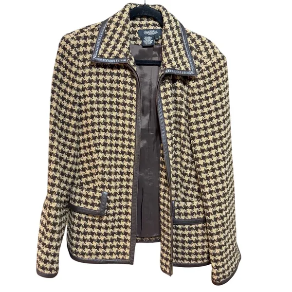 Peck & Peck Houndstooth Wool‎ Blend Zip Jacket Brown Tan Faux Leather Trim Sz 12 - Image 2