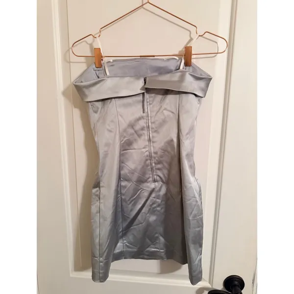 Sunday Best Satin Mini Dress Womens 6 Silver Blue Strapless Fold‎ Over Cocktail - Image 4