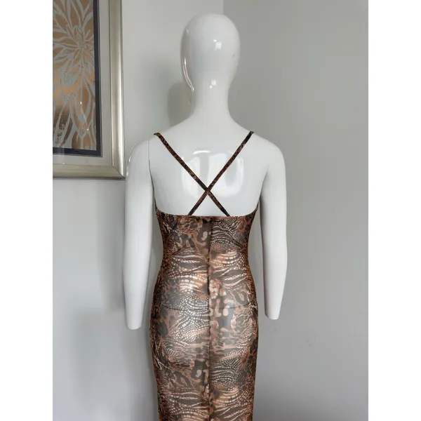 Pretty Little Thing Maxi Dress Cover Up Mesh Brown Leopard Print Size 2 Spaghetti Strap Summer Dress - Image 5