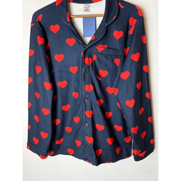 Spark Paws Pajama Top Unisex Medium Blue Red NWT Heart Print Button Down Shirt - Image 6