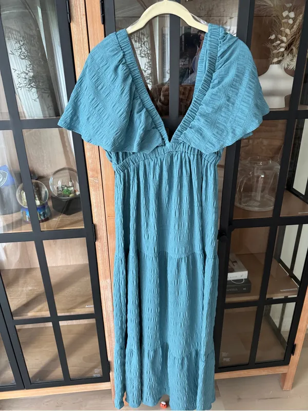 Anthropologie Teal maxi dress textured flutter short sleeve vneck ruffle tiered la la free-est - Image 2