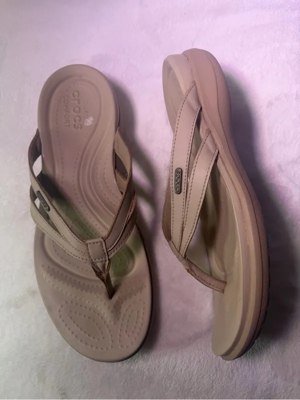 CROCS Women's Beige/Tan Strappy Flip Flop Sandals - Image 6