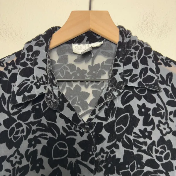 VTG 90s Women Silk Fairy Button Sheer Top Grunge Black‎ Burnout Velvet Floral - Image 5