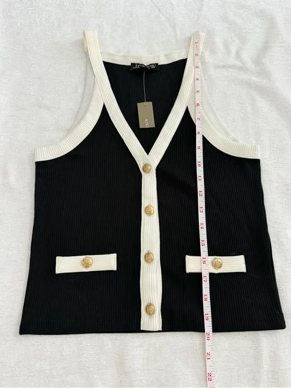 J.Crew Black & White Ribbed Button Front Tank Top Gold Buttons Size S NWT - Image 9