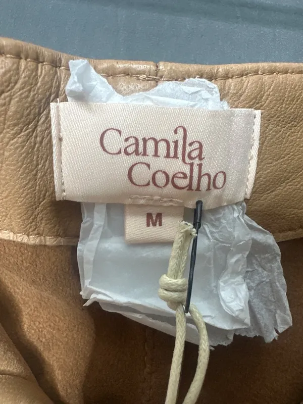 Camila Coelho Womens M 100% Lamb Leather Pants NWT Snap Detail Tan FLAWED - Image 4