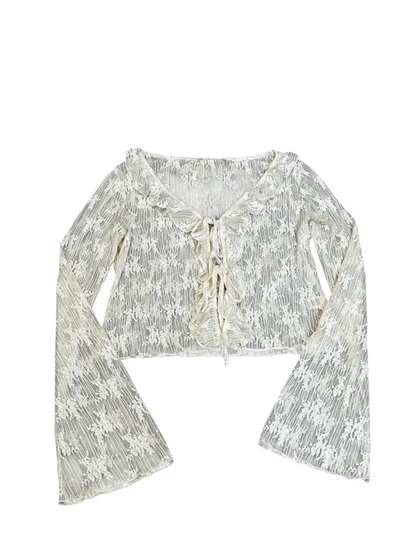 Cream Sheer Lace Tie Front Top Flare Sleeve Cottagecore Renfaire Fairycore - Image 5