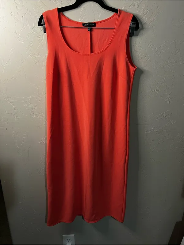 Slinky Brand Coral Orange Sleeveless Midi Dress Casual Resort Summer - Image 2