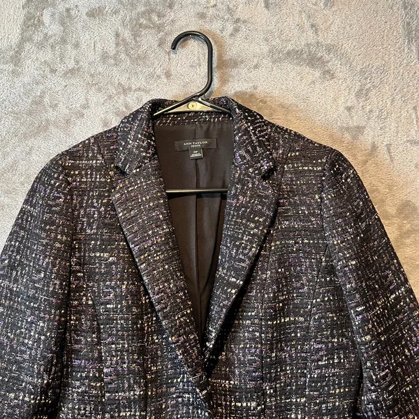 Ann Taylor Tweed Blazer Size 2P‎ Black Melange Peplum Suit Jacket Wool Blend - Image 2