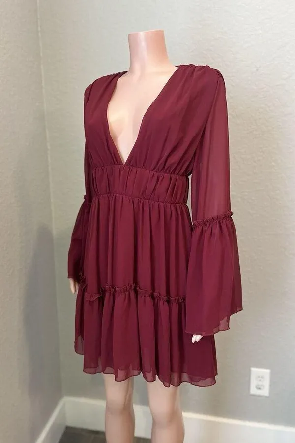 MISS ORD CUTE Ruffle Pintuck Dres Sz L WINE Maroon Romantic Cottagecore NWT #125 - Image 3