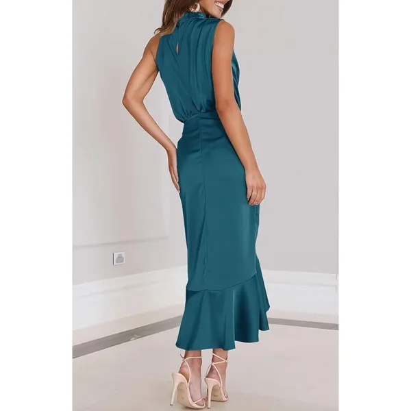 NEW Satin Sleeveless Mock Neck Wrap Mermaid Hem Maxi Dress XL - Image 6