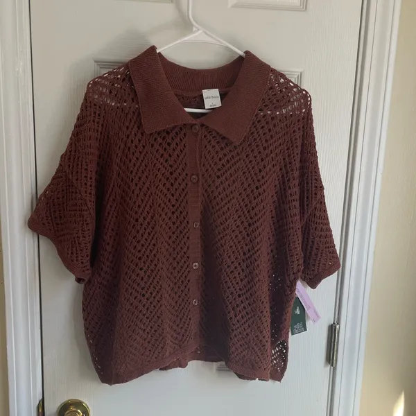 Wild Fable Boho Short Sleeve Knit Crochet Button-Up Cardigan - Image 3