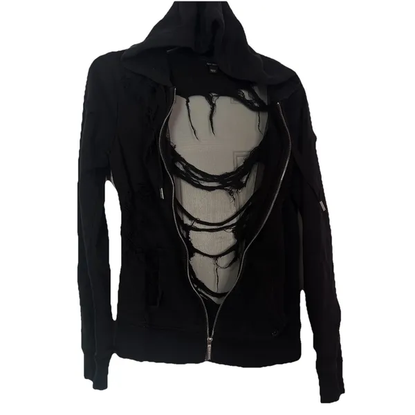 True Religion Full Zip Up Distressed Destroy Hoodie Black Ripped Mesh Goth Emo - Image 8