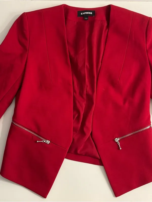 Express Red Open-Front Blazer with Silver Zippers - Image 2