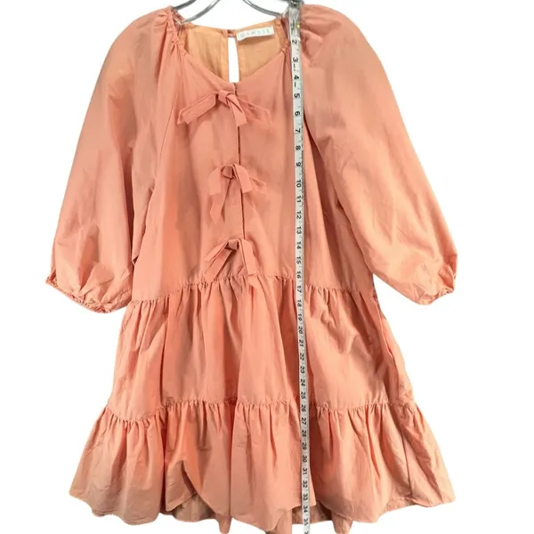 Karlie Bow Poplin Dress Womens M Orange Puff Sleeves Tiered Pockets Cottagecore - Image 8