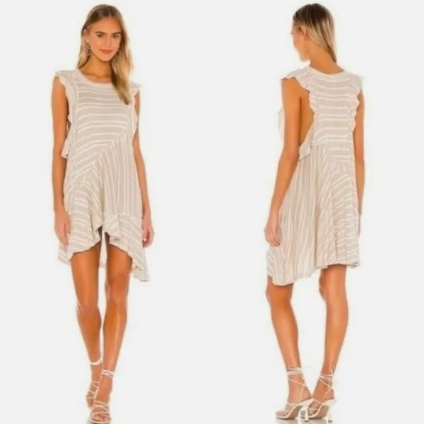 Free People Between The Lines Asymmetrical High Low Linen Dress Large Beige - Image 2