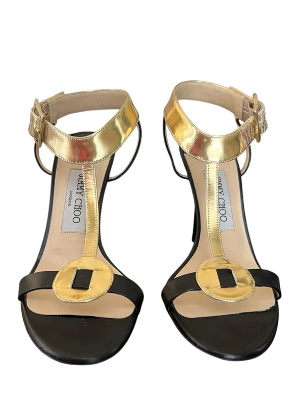 Jimmy Choo Women’s Y2K Vintage Leather Colorblock Pattern T Strap Open Toe Heels - Image 4