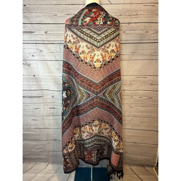 Boho Multicolor Floral Geometric Tassel Fringe Shawl Scarf 46x46 - Image 4