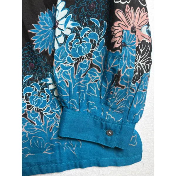 Loft Floral Border Print Split Neck Blouse Black Blue Boho Top Medium - Image 5