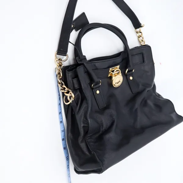 Michael Kors Hamilton‎ Satchel Women Large Black Leather Gold Padlock Tote Bag - Image 3