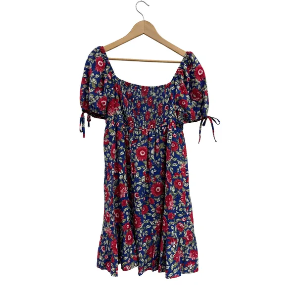 Pepper Floral Puff Sleeve Mini Dress Blue Red Smocked Back Coquette Size L - Image 2