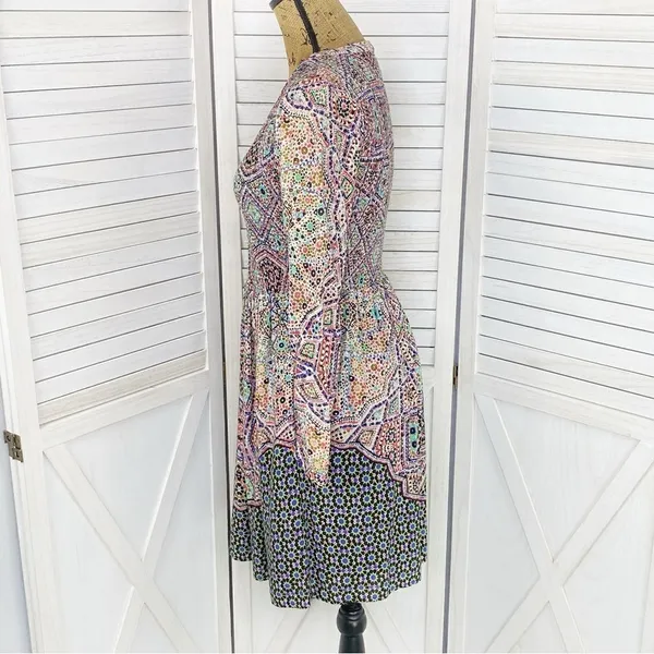 Maeve Anthropologie‎ Tiled Amethyst Dress XS Smocked Long Sleeve Boho Mosaic - Image 3