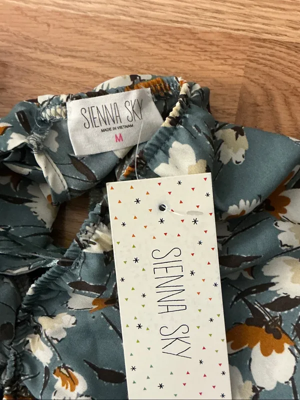 Sienna Sky Floral Puff-Sleeve Blouse in Sage Blue White & Rust Accents Medium - Image 3